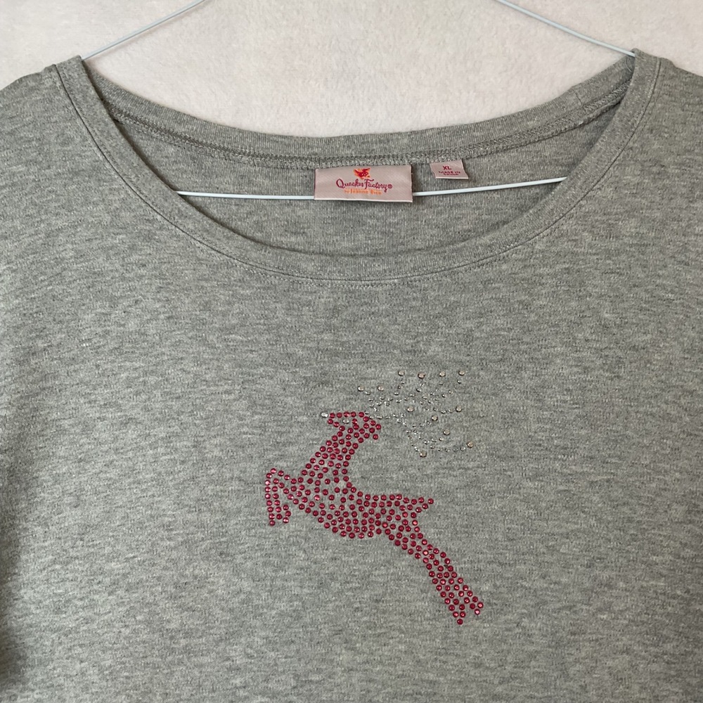 Quacker Factory Reindeer Rhinestone Gray Long Sleeve Cotton Top XL Christmas‎